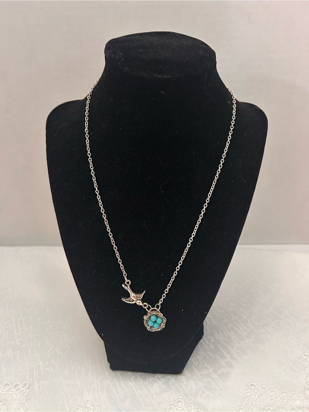 Silver-tone Birds Nest Necklace With 4 Turquoise Eggs